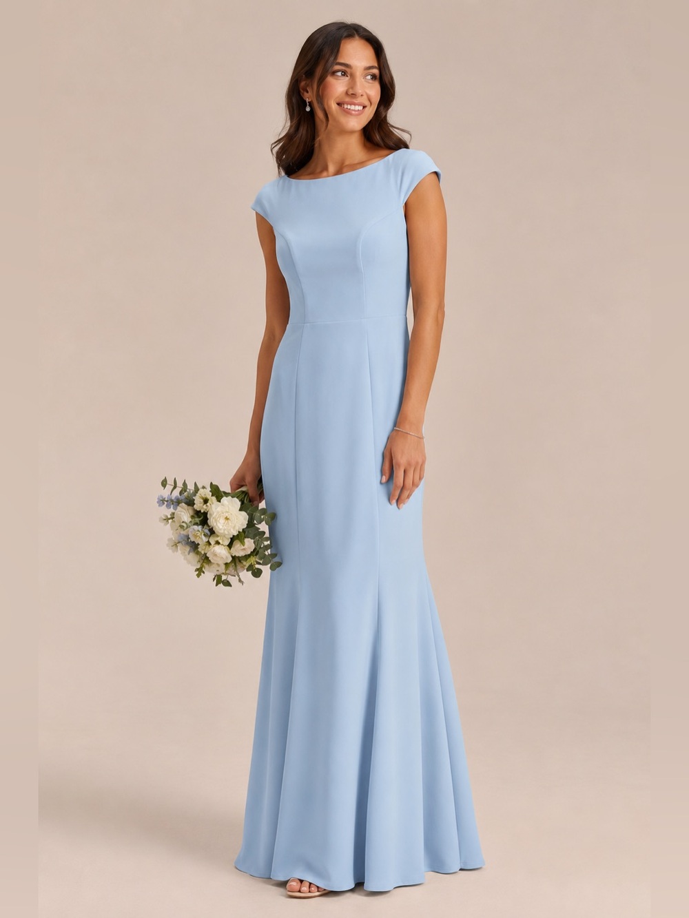 Azazie Classic Cap-Sleeve Long Dress in Powder Blue